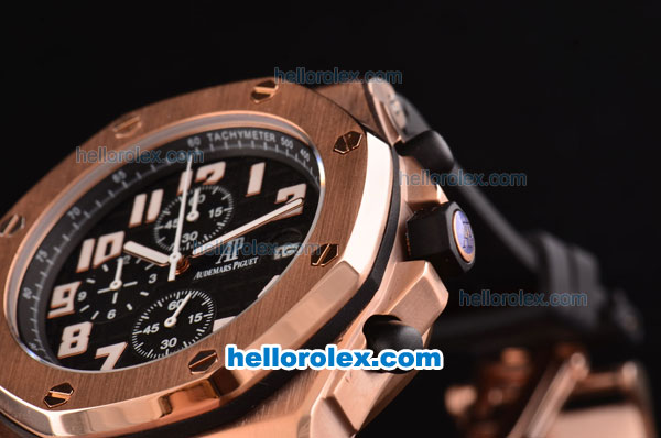 Audemars Piguet Royal Oak Quartz Working Chronograph Movement Rose Gold Case with Black Dial and Strap-White Marking - Click Image to Close